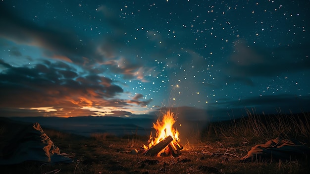 Foto unter einer decke von sternen brennt ein lagerfeuer hell und wirft einen warmen und einladenden glanz auf die umliegende wildnis.