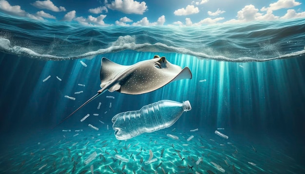 Unter Wasser gefangen, steht die Anmut eines Stachelrochen gegen die schockierende Anwesenheit eines Plastik-Eindringlings.