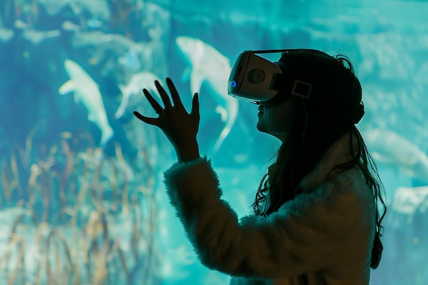Untergetaucht im virtuellen Ozean Erlebt eine Frau die virtuelle Realität mit einem VR-Headset