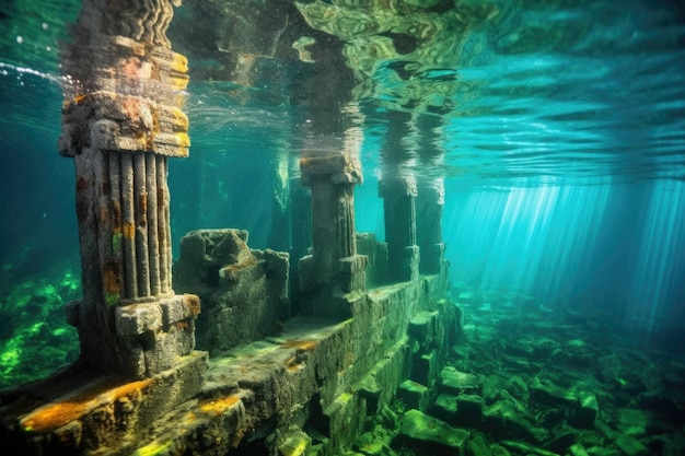 Untergetauchte Stadtruinen, die durch klares Wasser sichtbar sind