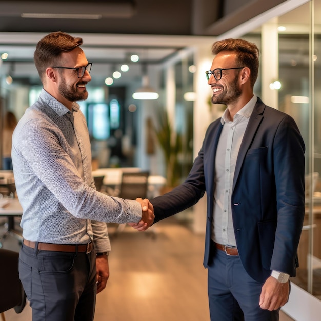 Unternehmen arbeiten Handschlag zusammen, glückliche Teamarbeit, Büropartnerschaft, professionelle Geschäftsleute