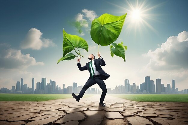 Unternehmen werden in der Klimakrise oder im Nachhaltigkeitskonzept zu einer umweltfreundlichen Umwelt. Kluger Geschäftsmann trägt Wind