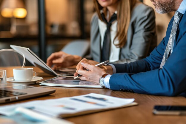 Foto unternehmensberater, der finanzielle zahlen analysiert, die den fortschritt in der arbeit des unternehmens anzeigen