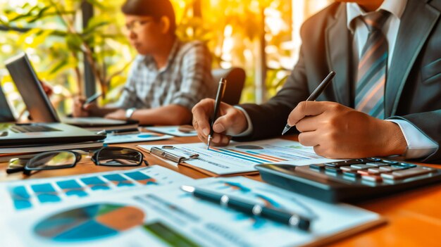 Foto unternehmensfinanzielle analyse im modernen büro geschäftsmann, der diagramme und grafiken auf dem laptop überprüft