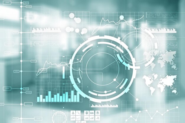 Unternehmenshintergrund Business Intelligence BI Key Performance Indicator KPI Analyse-Dashboard transparenter unscharfer Bürohintergrund