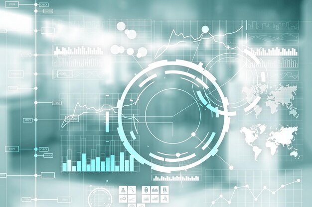 Foto unternehmenshintergrund business intelligence bi key performance indicator kpi analyse-dashboard transparenter unscharfer bürohintergrund