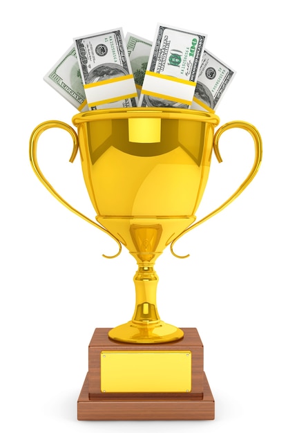 Unternehmenskonzept. Dollar-Banknoten und Golden Trophy Cup auf weißem Hintergrund