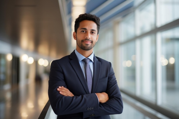 Unternehmensporträt: Arabischer, selbstbewusster indischer Geschäftsmann posiert in einer Bürofirma drinnen mit Händen