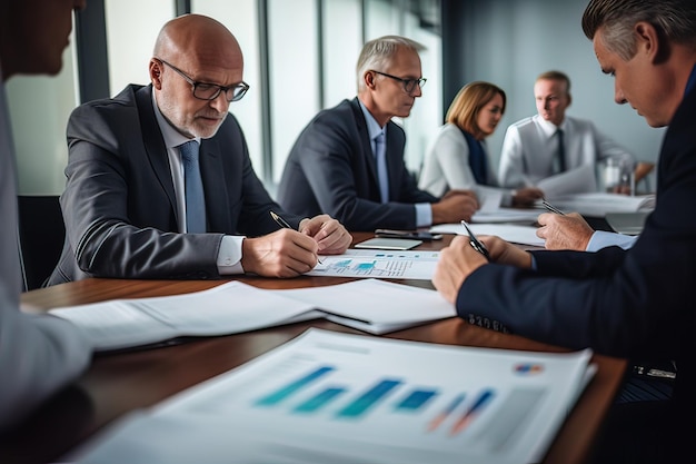 Foto unternehmensteam in strategie-sitzung mit finanzberichten