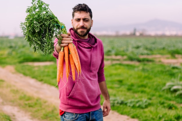 Unternehmer Bauer zeigt ein Bündel Karotten