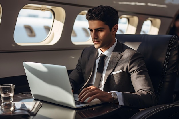 Unternehmer beschäftigt sich mit Laptop-Aufgaben an Bord eines Firmenflugzeugs mit generativer KI