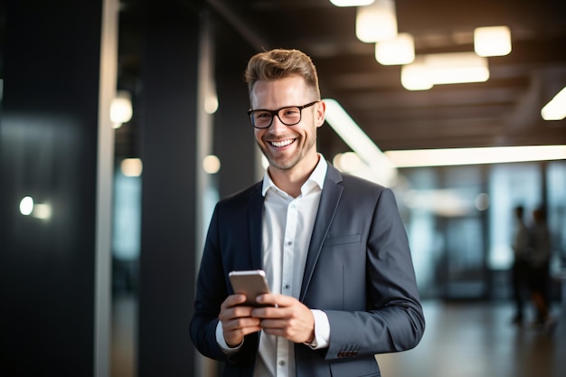 Unternehmer im Büro mit seinem Smartphone