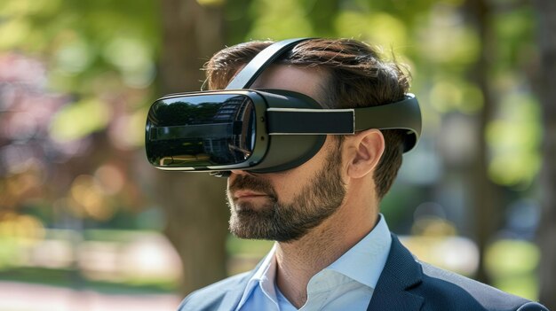 Unternehmer strategisiert Geschäftspläne, die Wachstum und Erfolg mit Ehrgeiz und Vision mit Virtual-Reality-Sonnenbrille antreiben