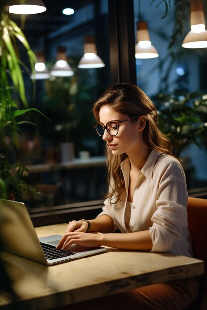 Unternehmerin schreibt auf einem Laptop und arbeitet Überstunden in einem Büro