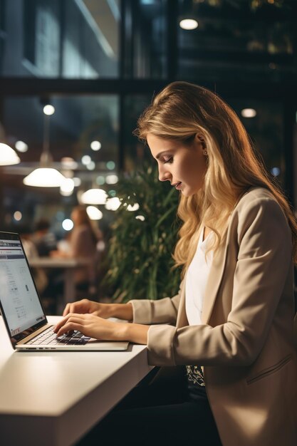 Unternehmerin schreibt auf einem Laptop und arbeitet Überstunden in einem Büro