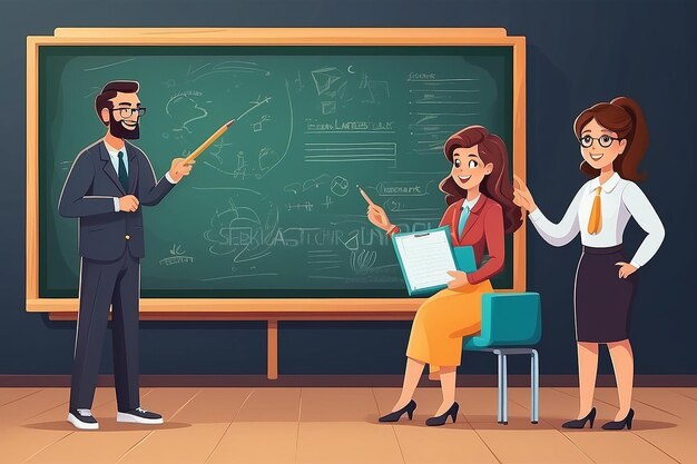 Unterrichtsbildung Lehrercharakter Person mit Schulzeiger Tafel Schulvorstand Unterricht in der Klasse Unterricht im Klassenzimmer Kommunikation mit Kollegen Illustration im Cartoon-Stil