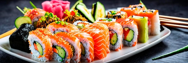 unterschiedliche Sushi und Rollen auf einem Teller Selektiver Fokus