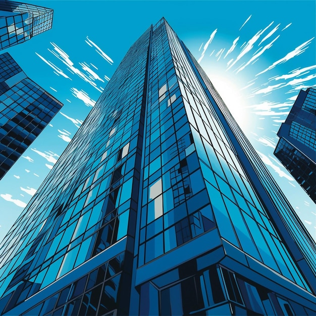 Unterseite von modernen Wolkenkratzern im Geschäftsviertel gegen blauen Himmel