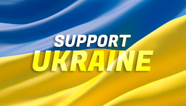 Unterstützen Sie das Textflaggenthema der Ukraine Wehende Nationalflagge der Ukraine Winkte hochdetaillierte Nahaufnahme 3D-Render