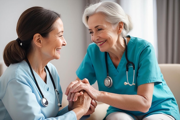 Unterstützende Betreuerin mit älterer Frau und Hand in Hand für die Betreuung in Innenräumen Rentenberatung und professionelle Krankenschwester mit älterer Person, die zusammen lächeln, für die Gesundheitsversorgung im Pflegeheim