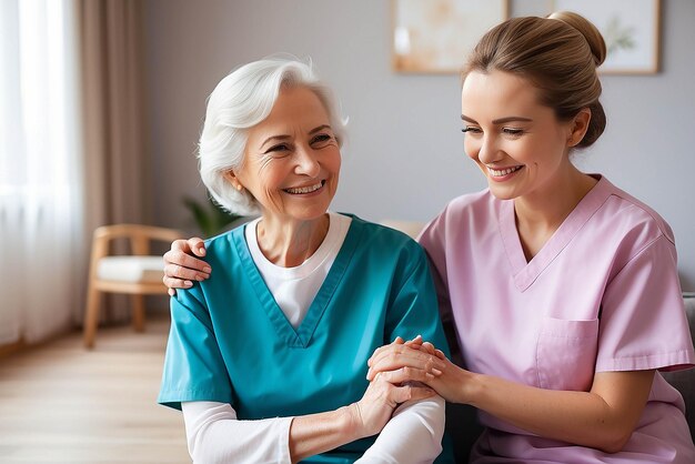 Unterstützende Betreuerin mit älterer Frau und Hand in Hand für die Betreuung in Innenräumen Rentenberatung und professionelle Krankenschwester mit älterer Person, die zusammen lächeln, für die Gesundheitsversorgung im Pflegeheim