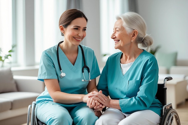 Foto unterstützende betreuerin mit älterer frau und hand in hand für die betreuung in innenräumen rentenberatung und professionelle krankenschwester mit älterer person, die zusammen lächeln, für die gesundheitsversorgung im pflegeheim