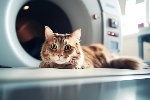 Untersuchung einer Katze auf dem Tisch in einer Tierklinik im MRT. Pflege von Haustieren. Generative KI