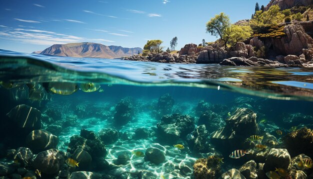 Foto unterwasser-abenteuerfische schwimmen in durchsichtigem blauem wasser, umgeben von von ki erzeugten korallen.