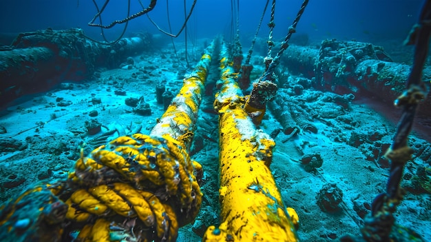 Unterwasser-Erforschung eines versunkenen Schiffswracks mit sichtbaren Rohrleitungen Lebendiges Meeresleben, das auf künstlichen Riffstrukturen gedeiht Tauchabenteuer in tropischen Meeren KI