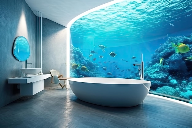 Unterwasser-Hotel-Luxuszimmer unter Wasser, aquatisches Schlafzimmer im Aquarium, Unterwasser-Hotelzimmer, abstrakte generative KI-Illustration