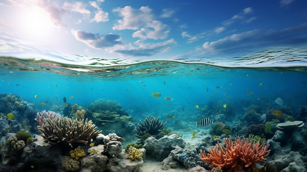 Unterwasser-Korallenriff-Meeresbodenansicht mit Horizont und Wasseroberfläche