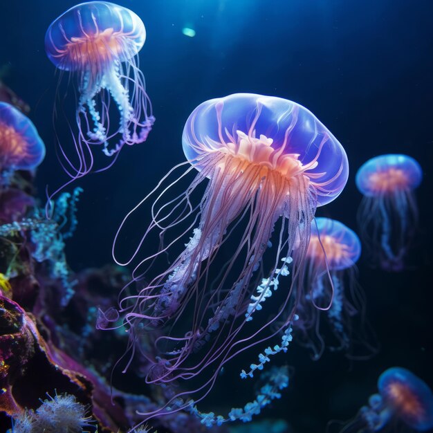 Unterwasser-Nahaufnahme leuchtender Quallen im Korallenriff