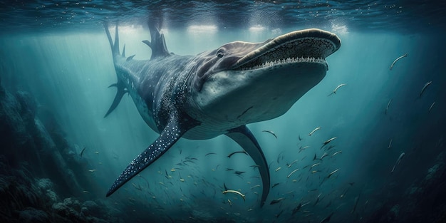 Unterwasser-prähistorische Kreatur oder Dinosaurier, die unter Wasser schwimmen