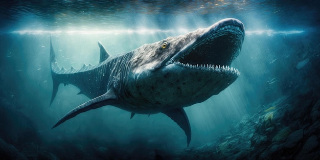 Unterwasser-prähistorische Kreatur oder Dinosaurier, die unter Wasser schwimmen