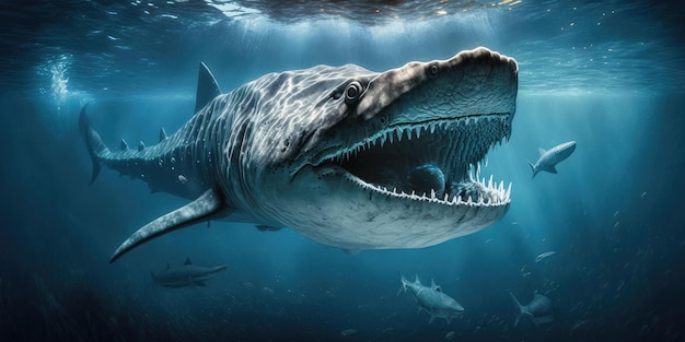 Unterwasser-prähistorische Kreatur oder Dinosaurier, die unter Wasser schwimmen