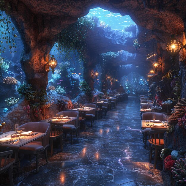 Unterwasser-Restaurant mit Aquariumwänden und Meeresdekorationen