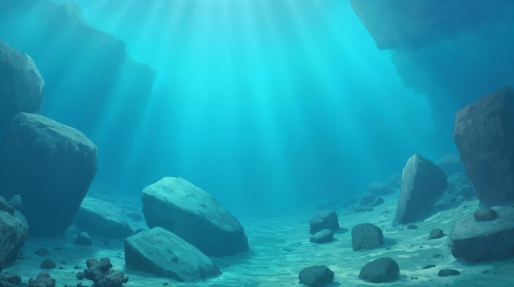 Foto unterwasser-szene mit felsen und sonnenlicht