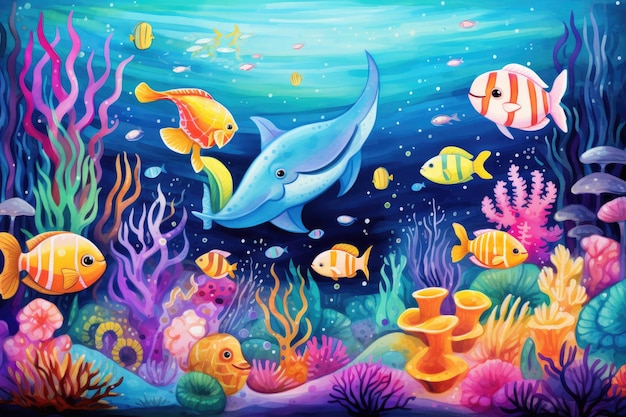 Unterwasser-Szene mit Korallen, Fischen und Algen Vektor-Illustration Eine Unterwasser-Szene mit niedlichen lächelnden Meereslebewesen und Korallen in lebendigen Farben AI Generated