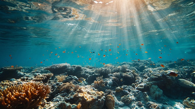 Unterwasser-Szene tropischer Meeresboden mit Riff und Sonnenschein Generative Ai