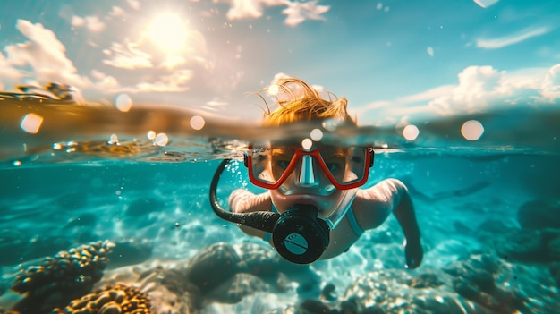 Foto unterwasser- und wasseransicht einer person, die in einem klaren blauen meer mit sonne über dem kopf schnorchelt