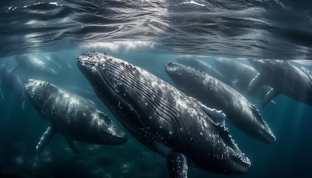 Unterwasserabenteuer: Majestätische Delfine und Buckelwale schwimmen unter einem von KI generierten Riff