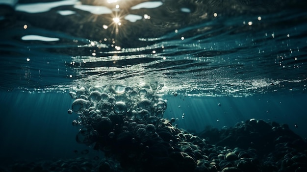 Unterwasseransicht der Wasseroberfläche mit Spritzen und Sonnenstrahlen