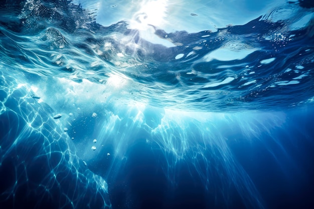Unterwasseransicht des blauen Meeres mit Wellen und Sonnenlicht