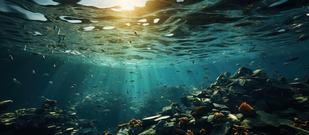 Unterwasseransicht des Meeres mit vielen Müll Plastikflaschen, die im Wasser schwimmen Konzept der Plastikverschmutzung