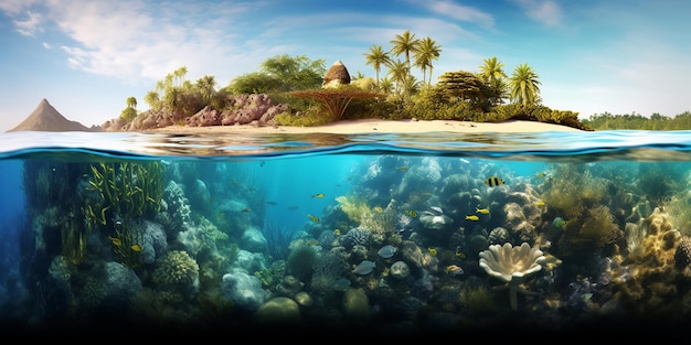 Unterwasseransicht einer tropischen Insel mit Korallenriff und Sandstrand mit KI-Generierung