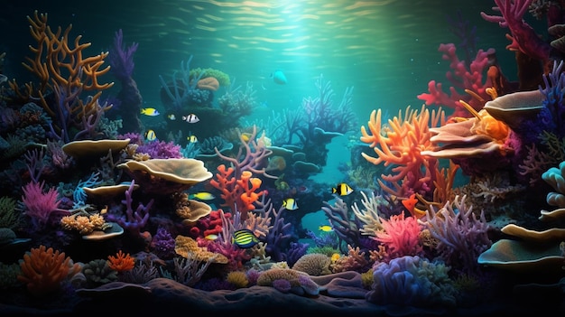 Unterwasseransicht eines farbenfrohen Meereskorallenriffs im Hintergrund