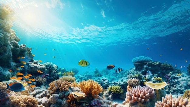 Unterwasseransicht eines farbenfrohen Meereskorallenriffs mit Fischen Ökosystem des Ozeans Generative KI