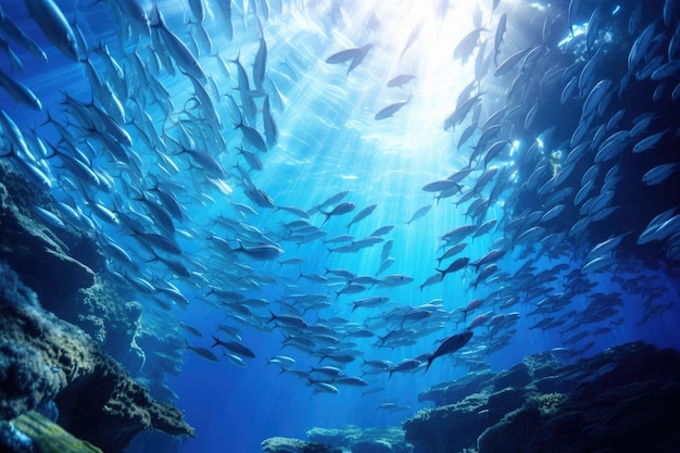 Unterwasseransicht eines Fischschwarms im Roten Meer. Ein Sardinenschwarm in einem blauen tropischen Korallenriff. KI-generiert