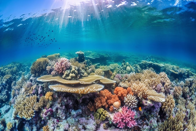 Foto unterwasseransicht eines korallenriffs mit einem im wasser schwimmenden hai