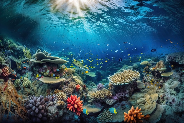 Unterwasseransicht eines Korallenriffs mit Fischen und Sonnenstrahlen